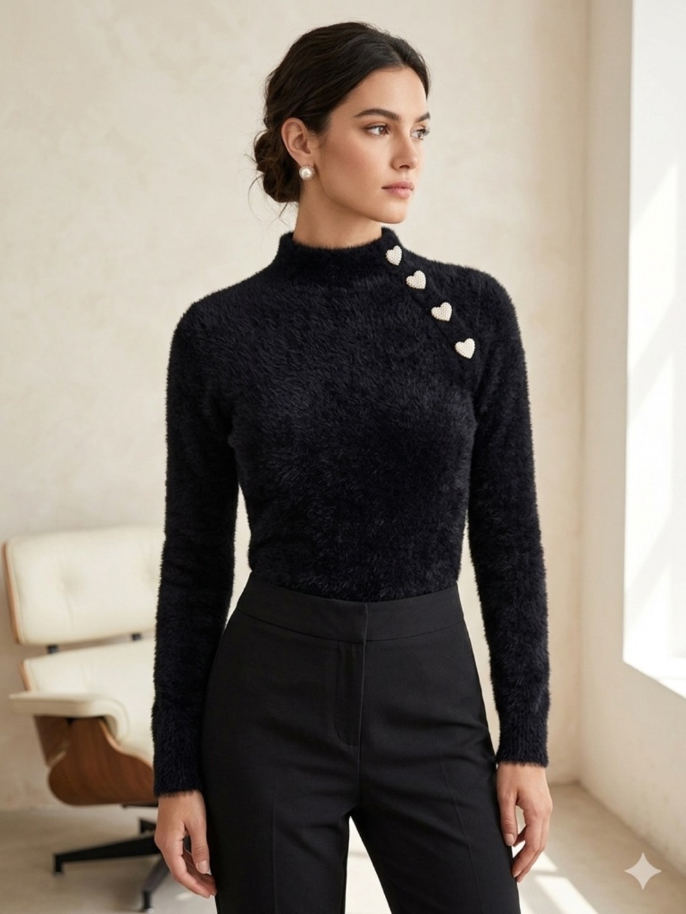 Buffalo David Bitton Black Fuzzy Turtleneck Sweater with Heart Buttons